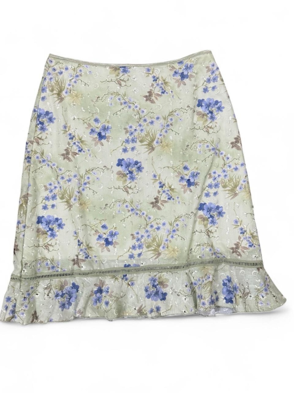 Vintage Y2K Green Blue Embroidered Floral Mini Skirt Ruffle Hem Women’s Size 5
